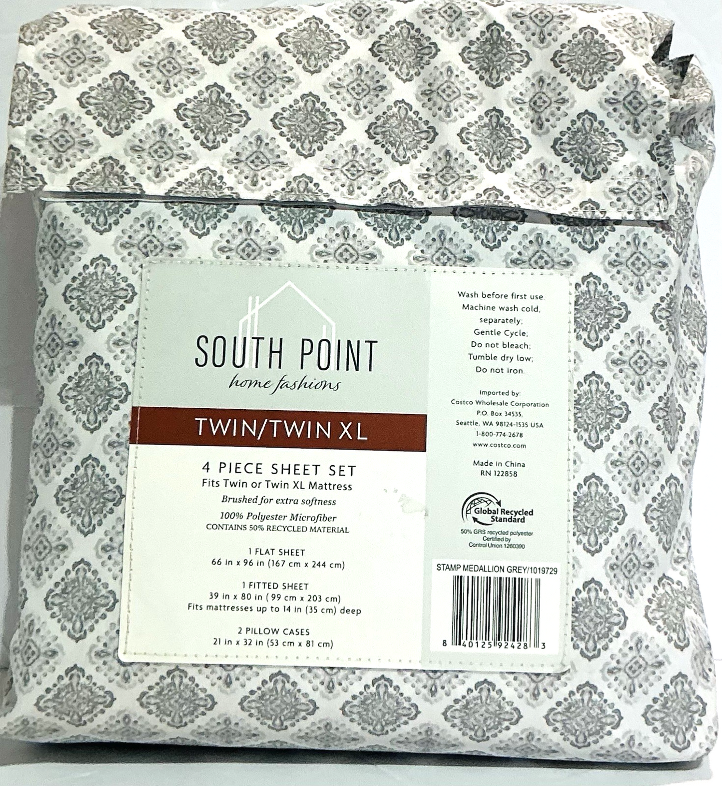 South Point Home Fashions Twin/Twin XL 4 Piece Sheet Set Microfiber Grey White