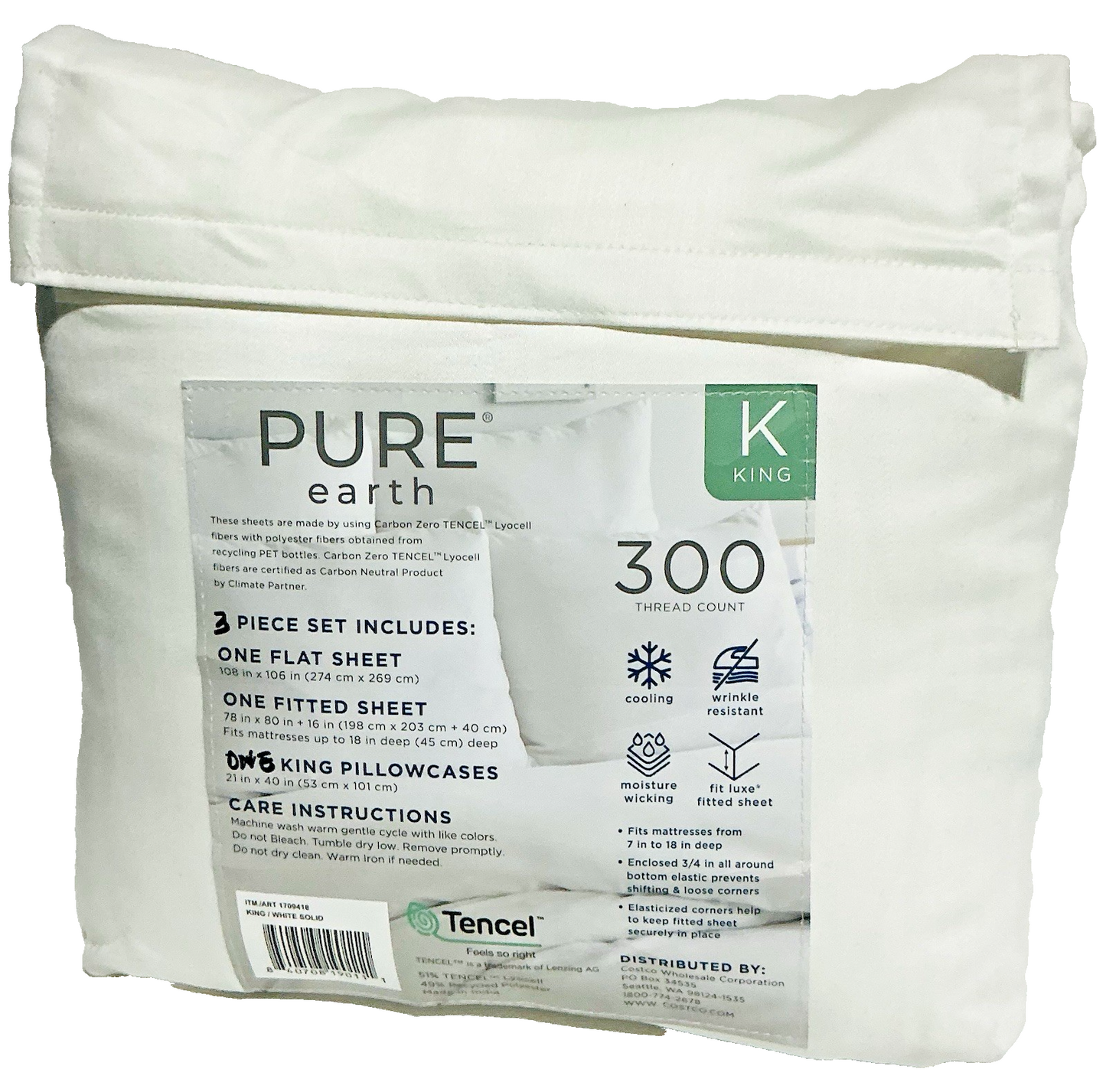 Pure Earth Tencel Blend 3-piece - King - Bed Sheet Set 300 TC White