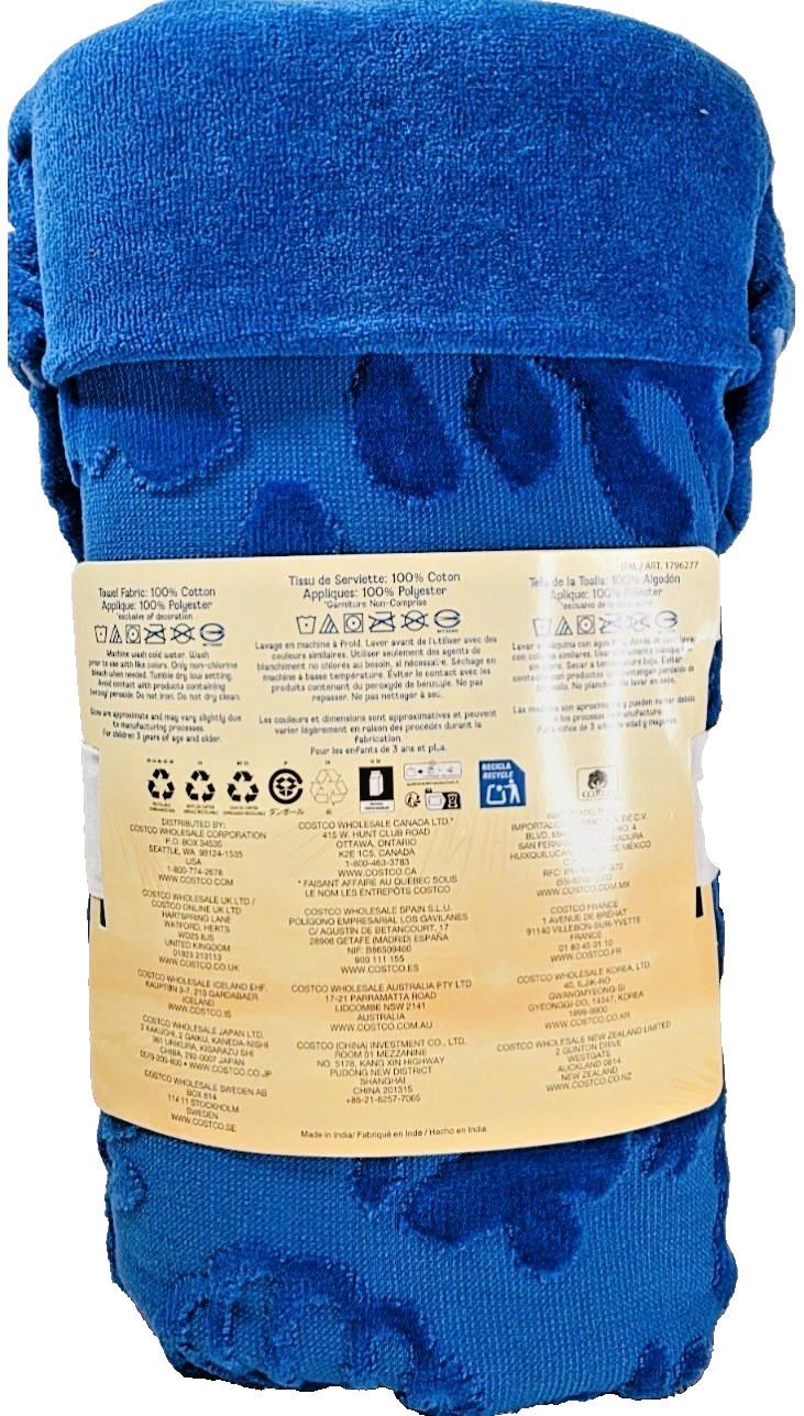 Disney Stitch Character Hooded Towel 27in x 50in 100% Cotton Blue