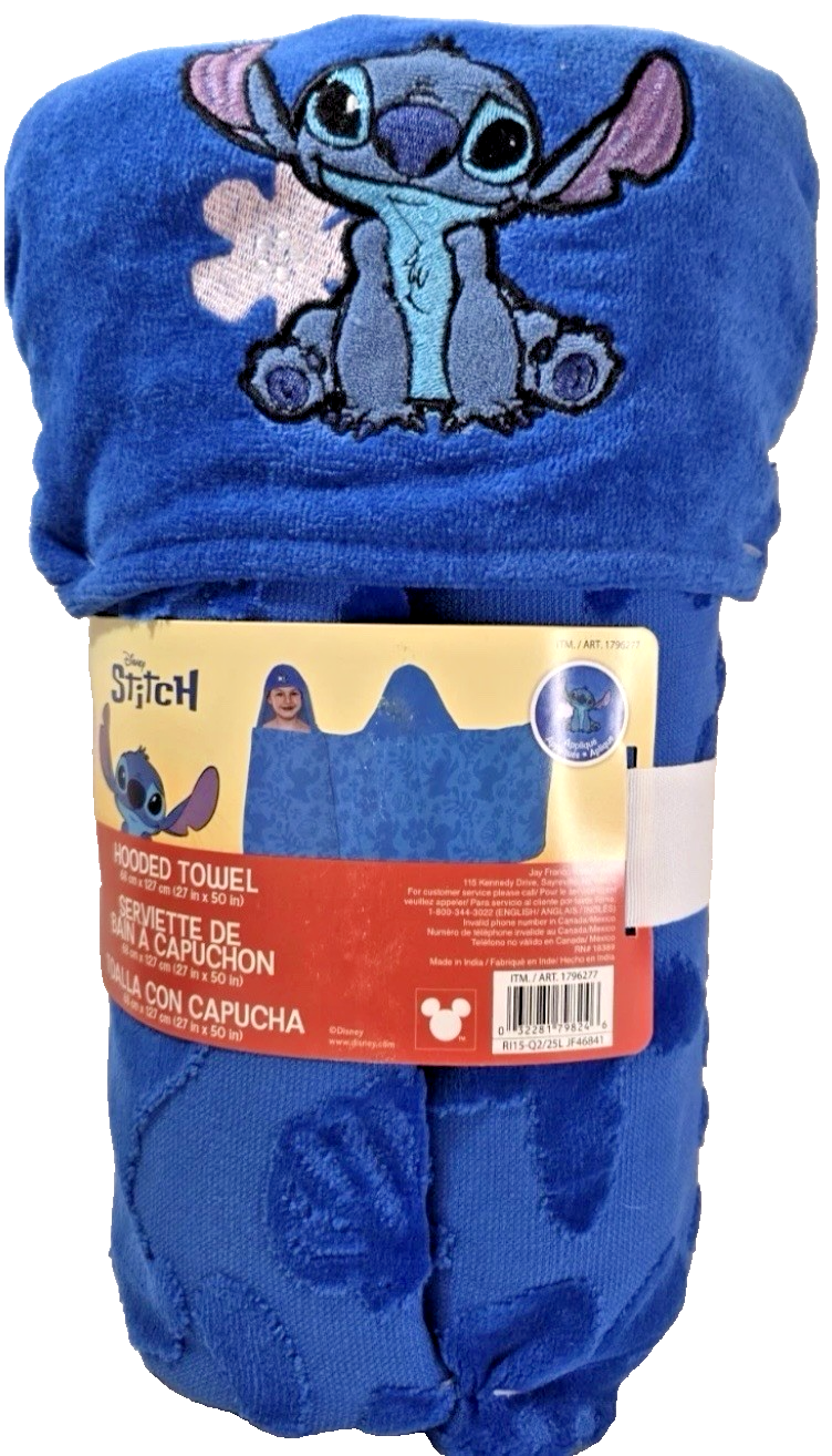 Disney Stitch Character Hooded Towel 27in x 50in 100% Cotton Blue