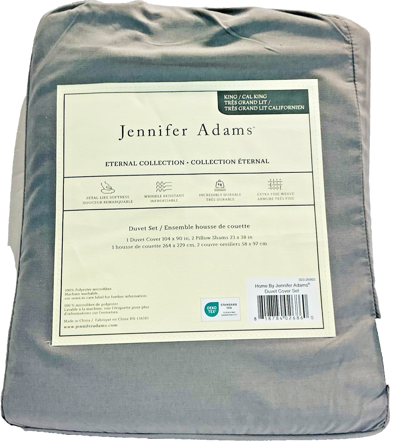 HOME BY JENNIFER ADAMS ETERNAL DUVET COVER SHAMS 3 PC SET KING / CAL KING GREY