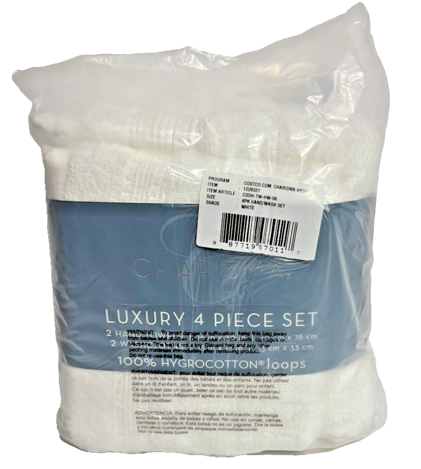 Soft 100% Hygro Cotton 4-Piece 2 Hand & 2 Washcloth Towel Set White- NEW