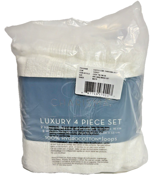 Soft 100% Hygro Cotton 4-Piece 2 Hand & 2 Washcloth Towel Set White- NEW