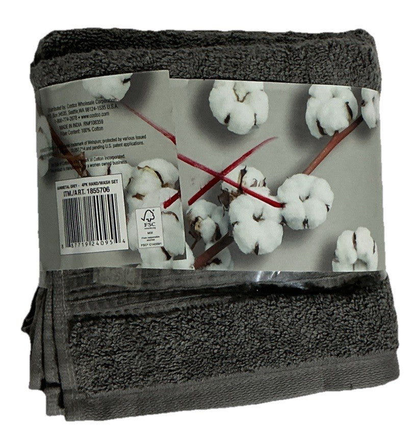 Purely Indulgent 4 Pc Cotton Hand Towel and Washcloth Set Of 4Pc Gray