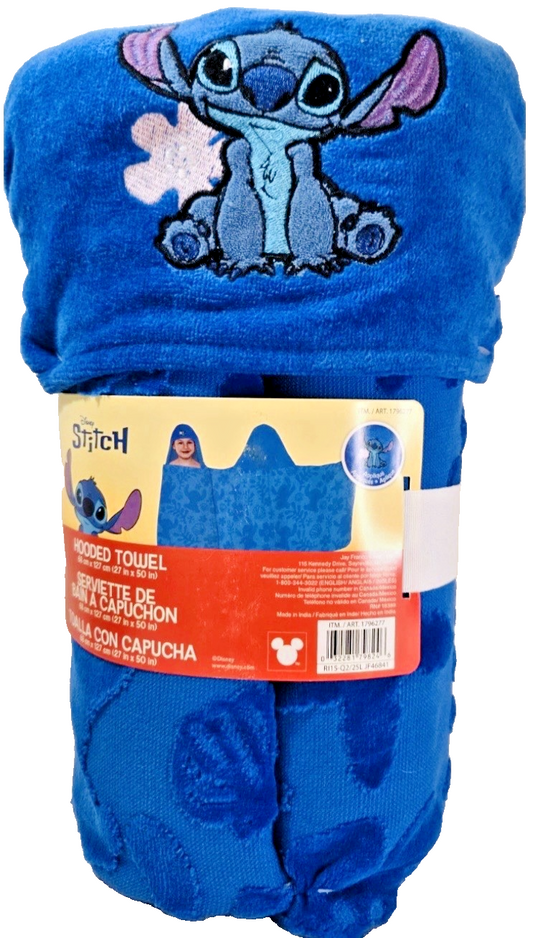 Disney Stitch Character Hooded Towel 27in x 50in 100% Cotton Blue
